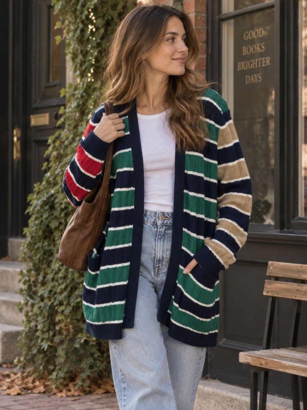 Lands End Cable Knit Open Front Cardigan Sz L Tall Stripe Green Red Blue Preppy